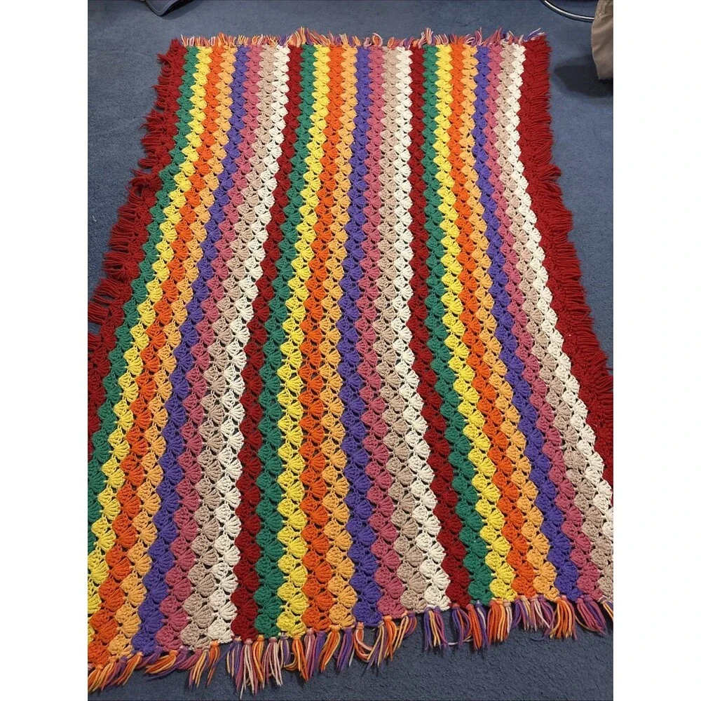 Handmade Crochet Blanket Afghan 63x43 Inches Multicolored Shell Or Fan Stitch